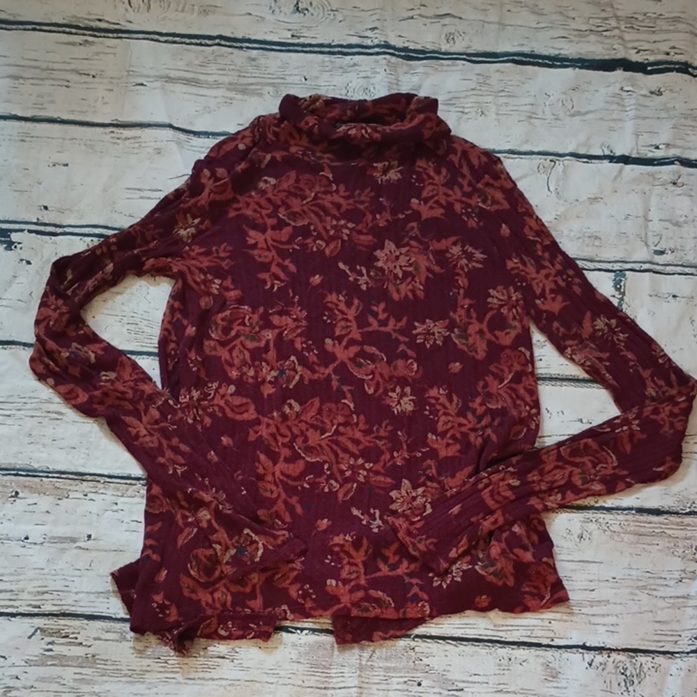 Lucky Brand Y2K Boho Maroon Orange Linen Blend Rib Sheer Turtleneck XL